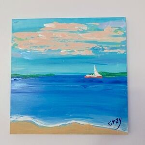 Original 14 x 14 acrylic painting ocean beach sailboat